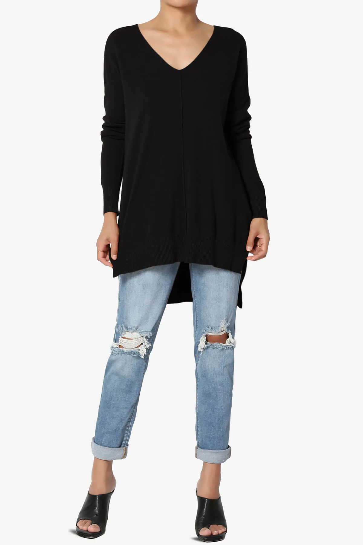 Katana Front Seam V-Neck Knit Sweater in Black