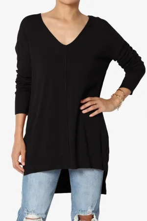 Katana Front Seam V-Neck Knit Sweater in Black
