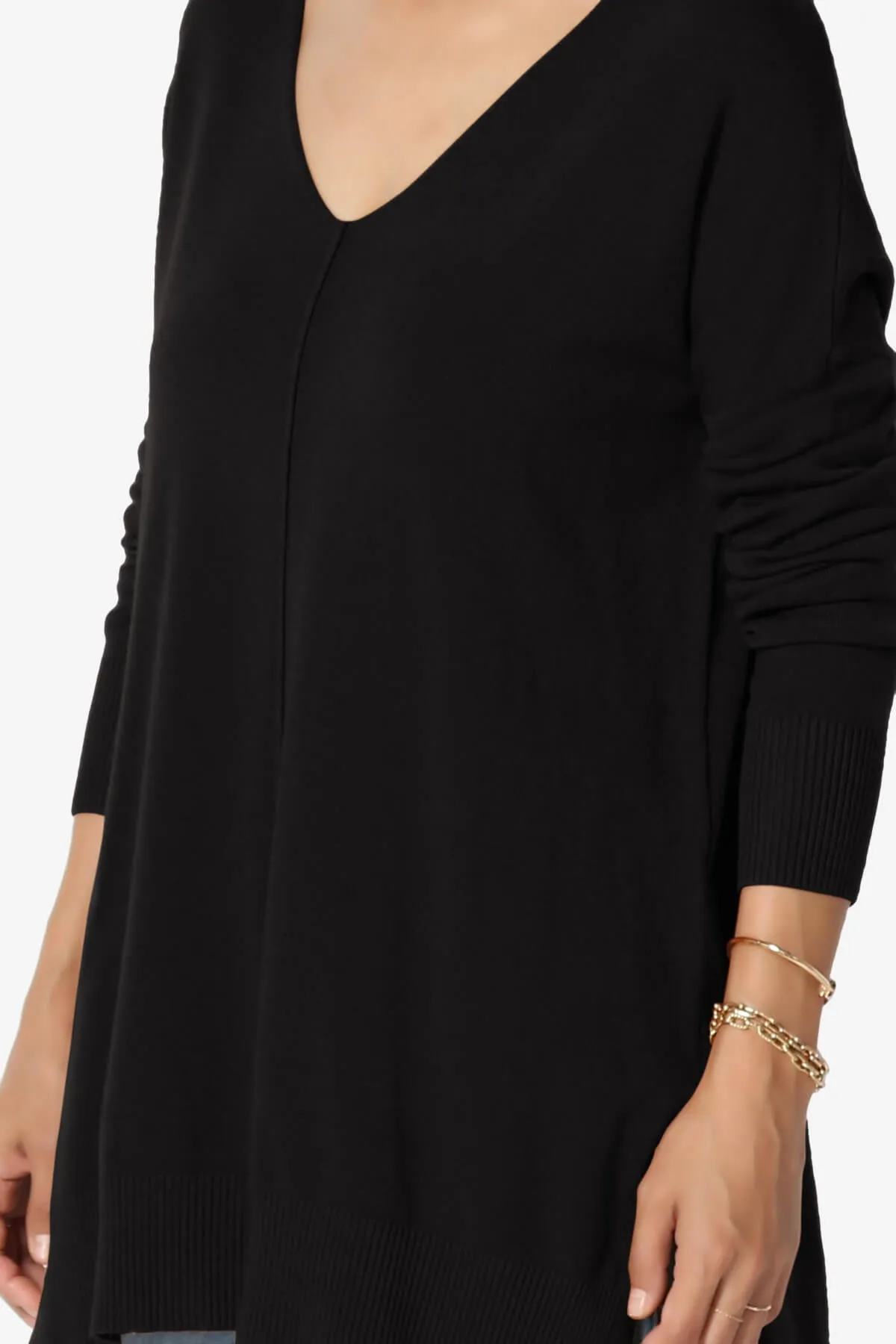 Katana Front Seam V-Neck Knit Sweater in Black