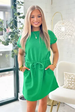 Kelly Green Ribbed Short Sleeve Tie Waist Dress