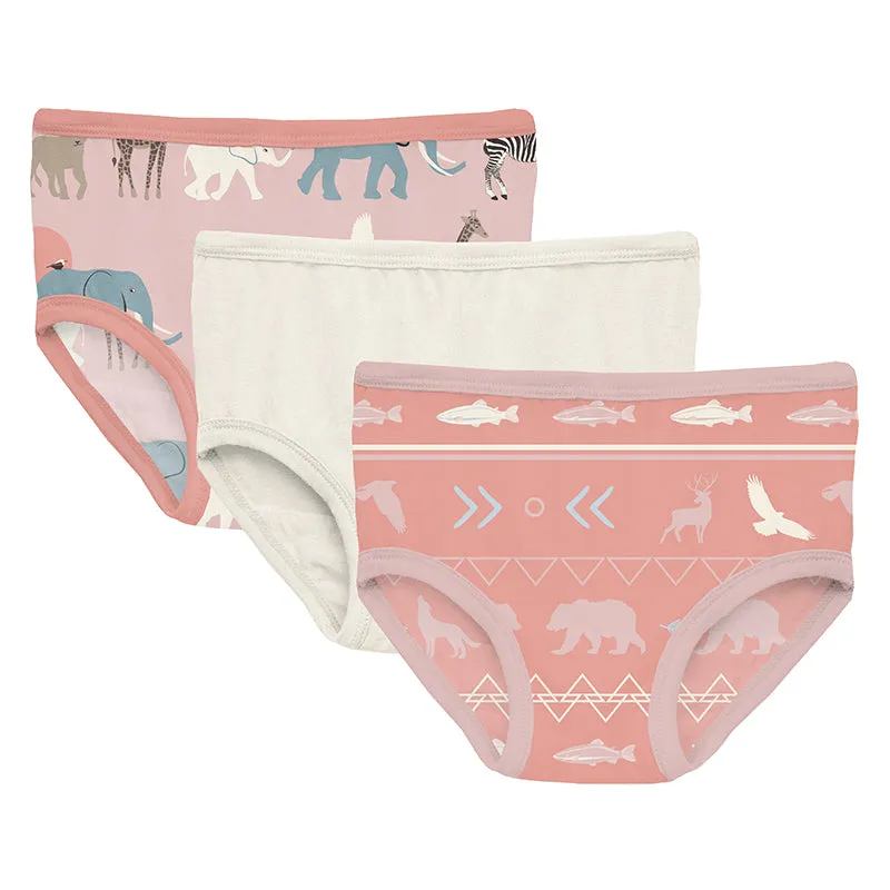Kickee Pants Girls Print Underwear Set of 3 - Baby Rose Just So Animals, Natural & Blush Native Tribal Lore