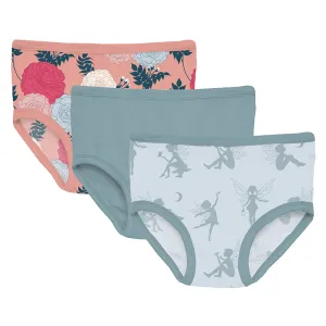 Kickee Pants Girls Print Underwear Set of 3 - Blush Enchanted Floral, Stormy Sea & Illusion Blue Forest Fairie