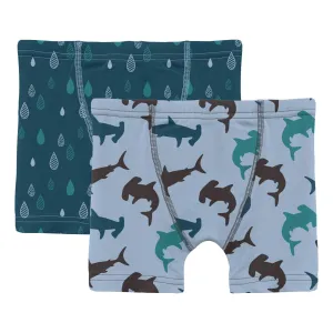 Kickee Pants Print Boxer Briefs Set in Peacock Raindrops & Pond Hammerhead