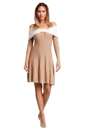 Knit Off Shoulder Two Toned Rib Mini Dress