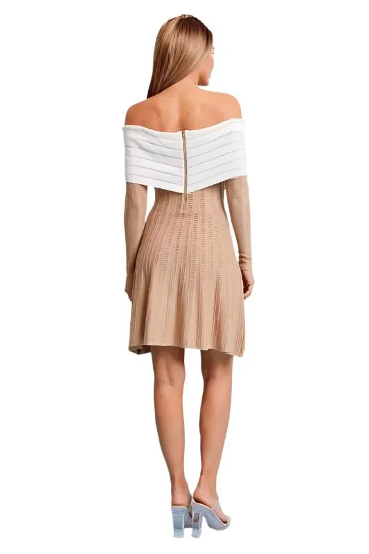 Knit Off Shoulder Two Toned Rib Mini Dress