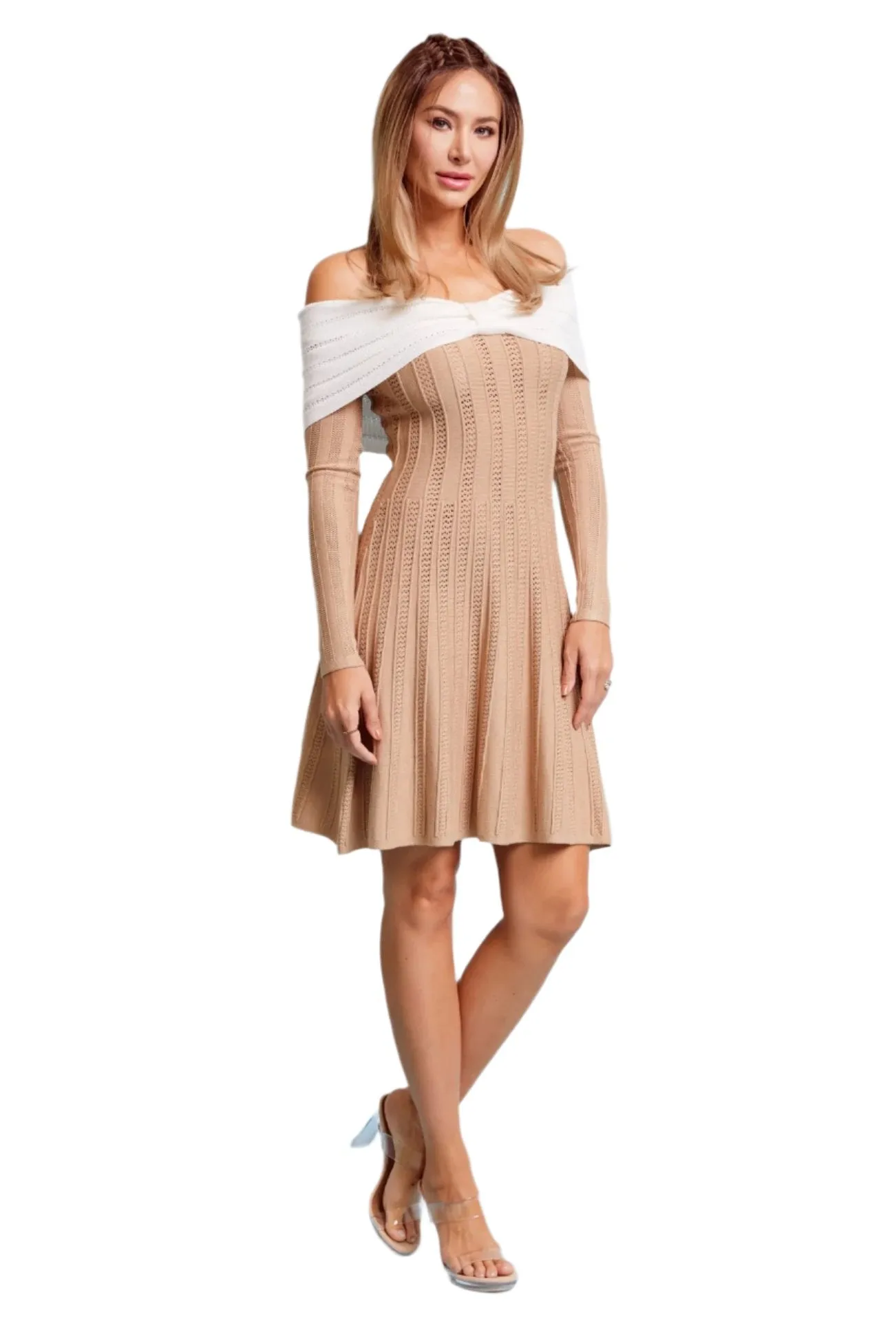 Knit Off Shoulder Two Toned Rib Mini Dress