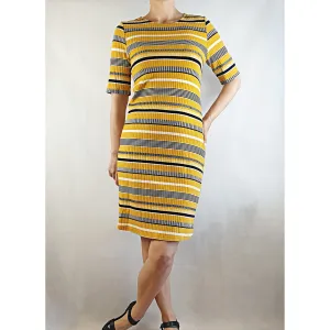 Kuwaii yellow ribbed stretchy half sleeve striped dress size 10 (best fits size 8)