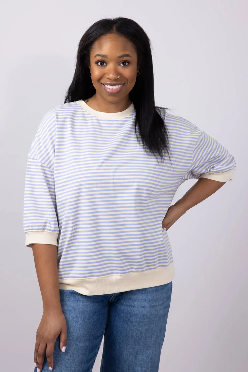 La Miel Striped Banded Hem Top for Women in Lavender | MCT7688-LAVENDER