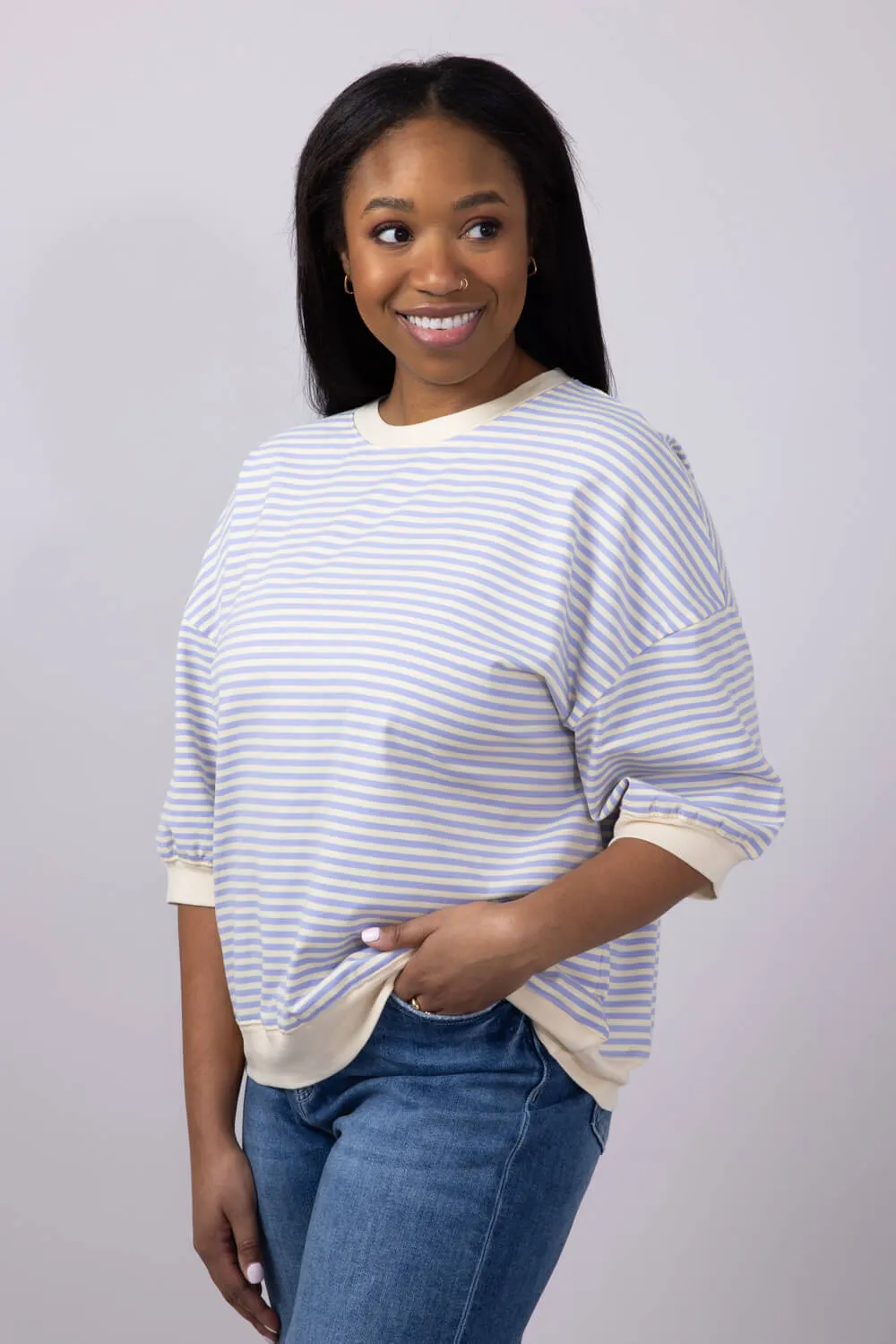 La Miel Striped Banded Hem Top for Women in Lavender | MCT7688-LAVENDER