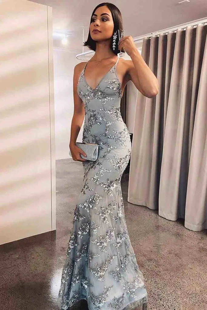 Lace-Up Mermaid Long Gold/Silver/Navy Blue Prom Dress with Sequins, V Neck Backless Mermaid Formal Evening Dresses