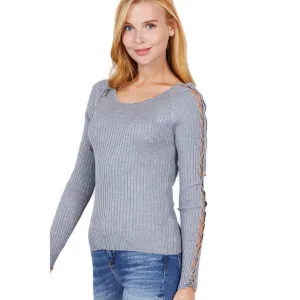 Lace Up Sleeve Ribbed Sweater