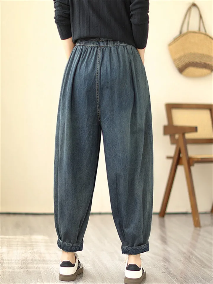 Lady Plain Dark Blue Oversized Drawstring Jeans