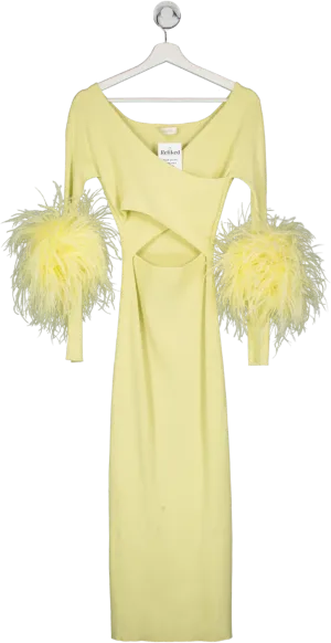 Lapointe Yellow Ribbed Cut Out Maxi Dress With Feather Trim UK XS
