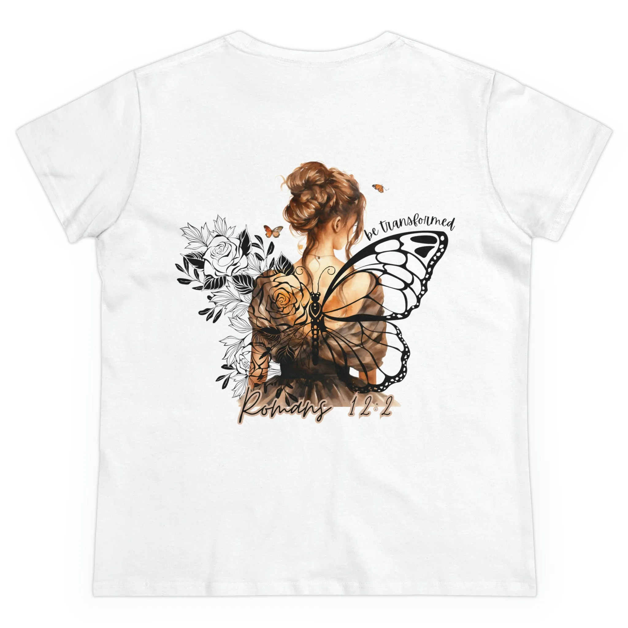 Large Back Design Romans 12:2 Black on White Women's Cotton T-Shirt