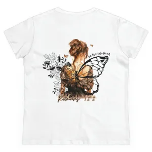 Large Back Design Romans 12:2 Black on White Women's Cotton T-Shirt
