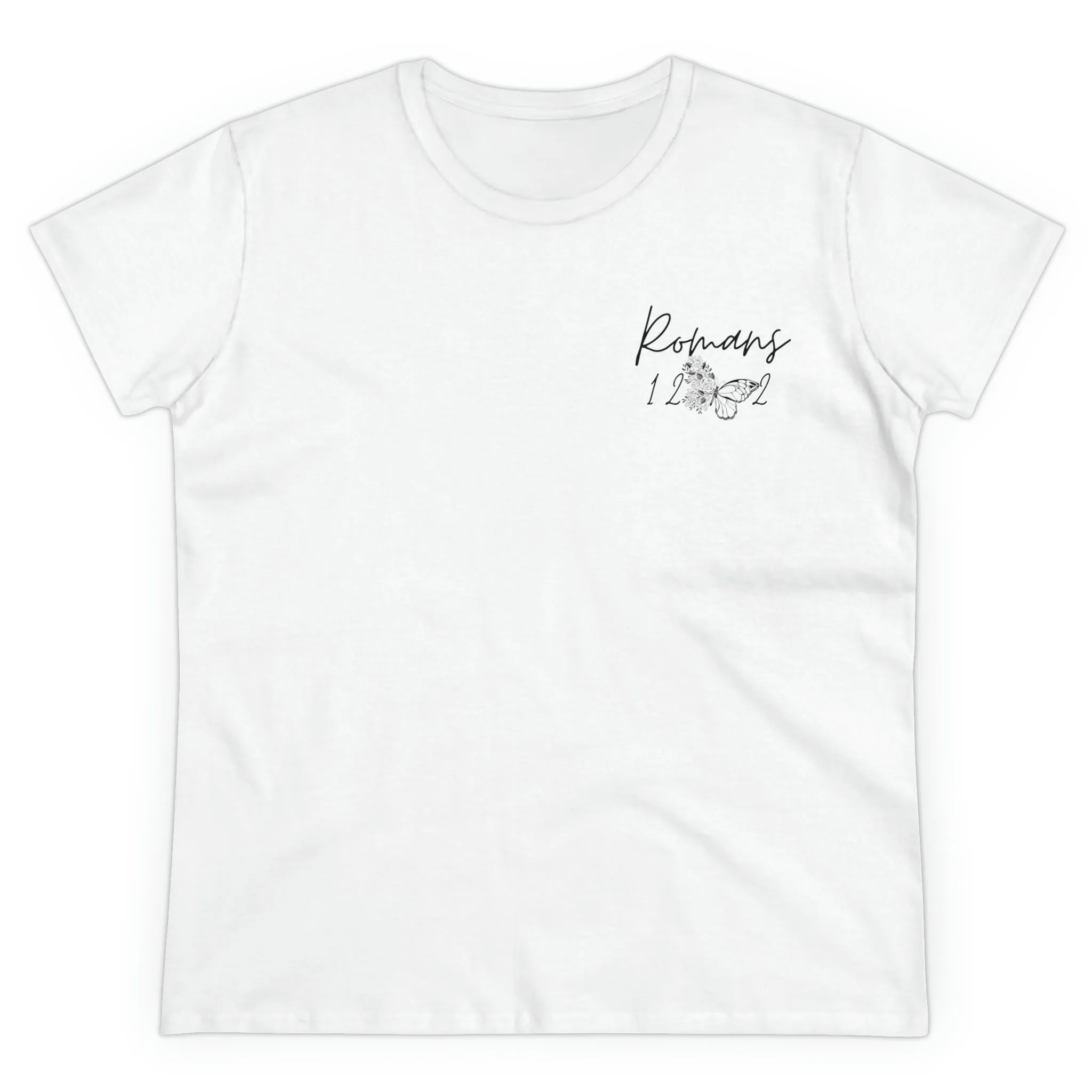 Large Back Design Romans 12:2 Black on White Women's Cotton T-Shirt