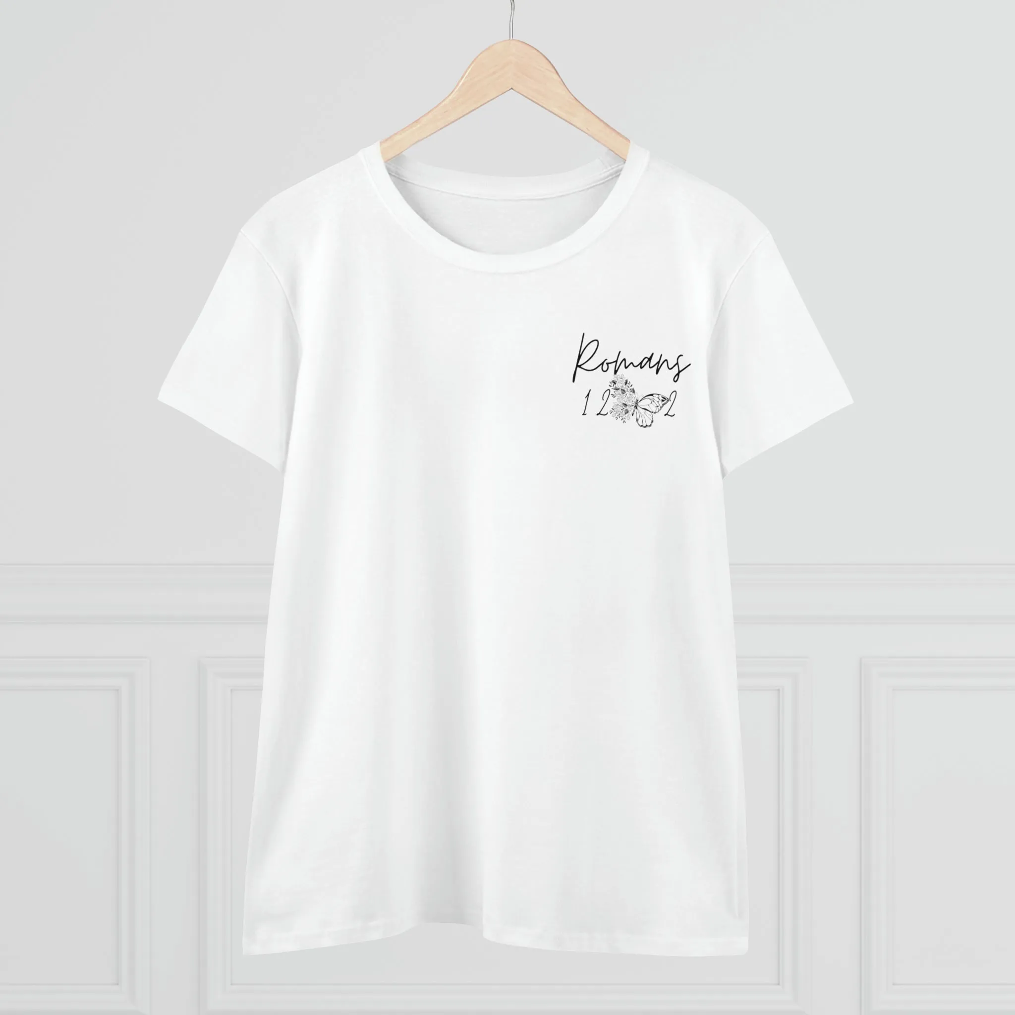 Large Back Design Romans 12:2 Black on White Women's Cotton T-Shirt