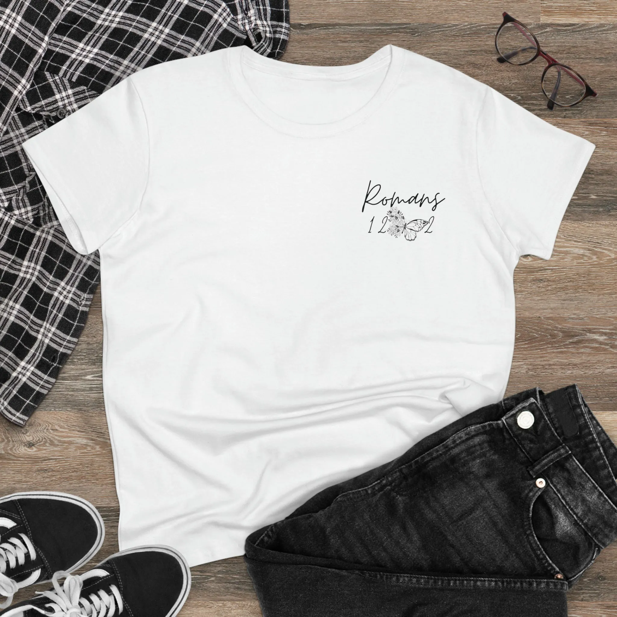 Large Back Design Romans 12:2 Black on White Women's Cotton T-Shirt