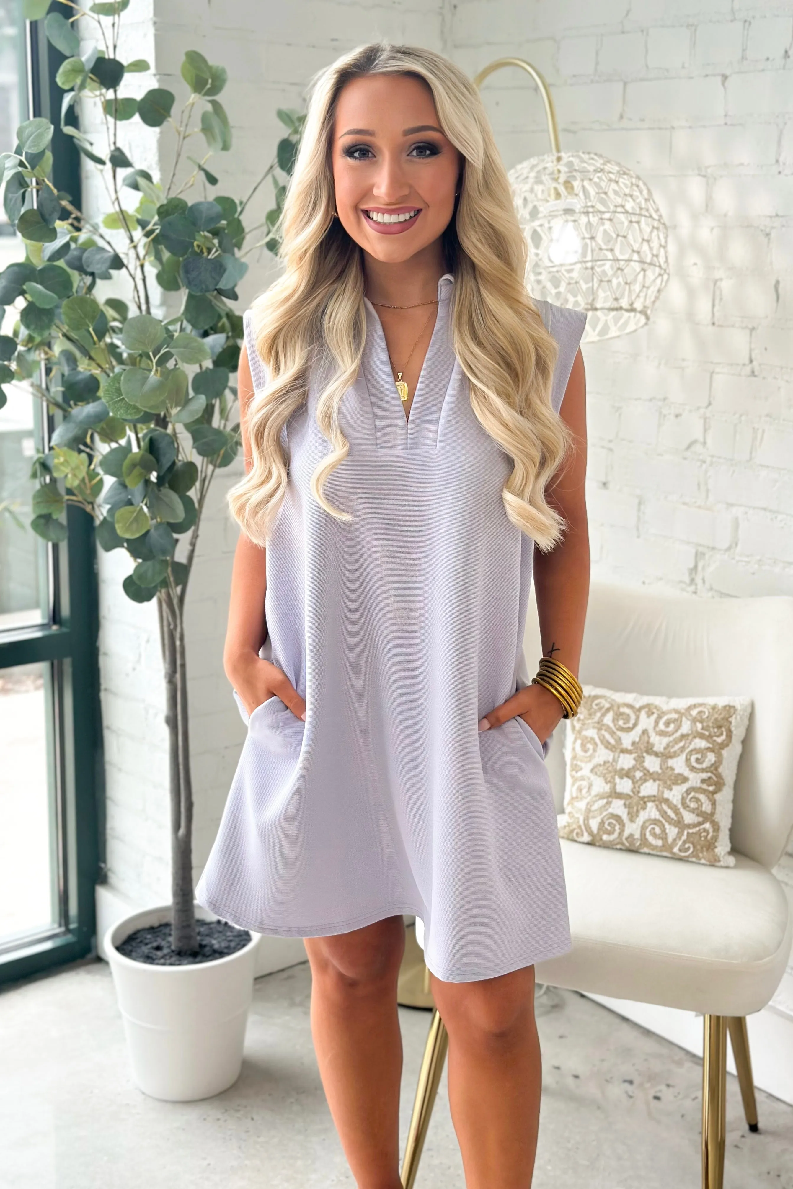 Lavender Collar Ribbed Sleeveless Dress