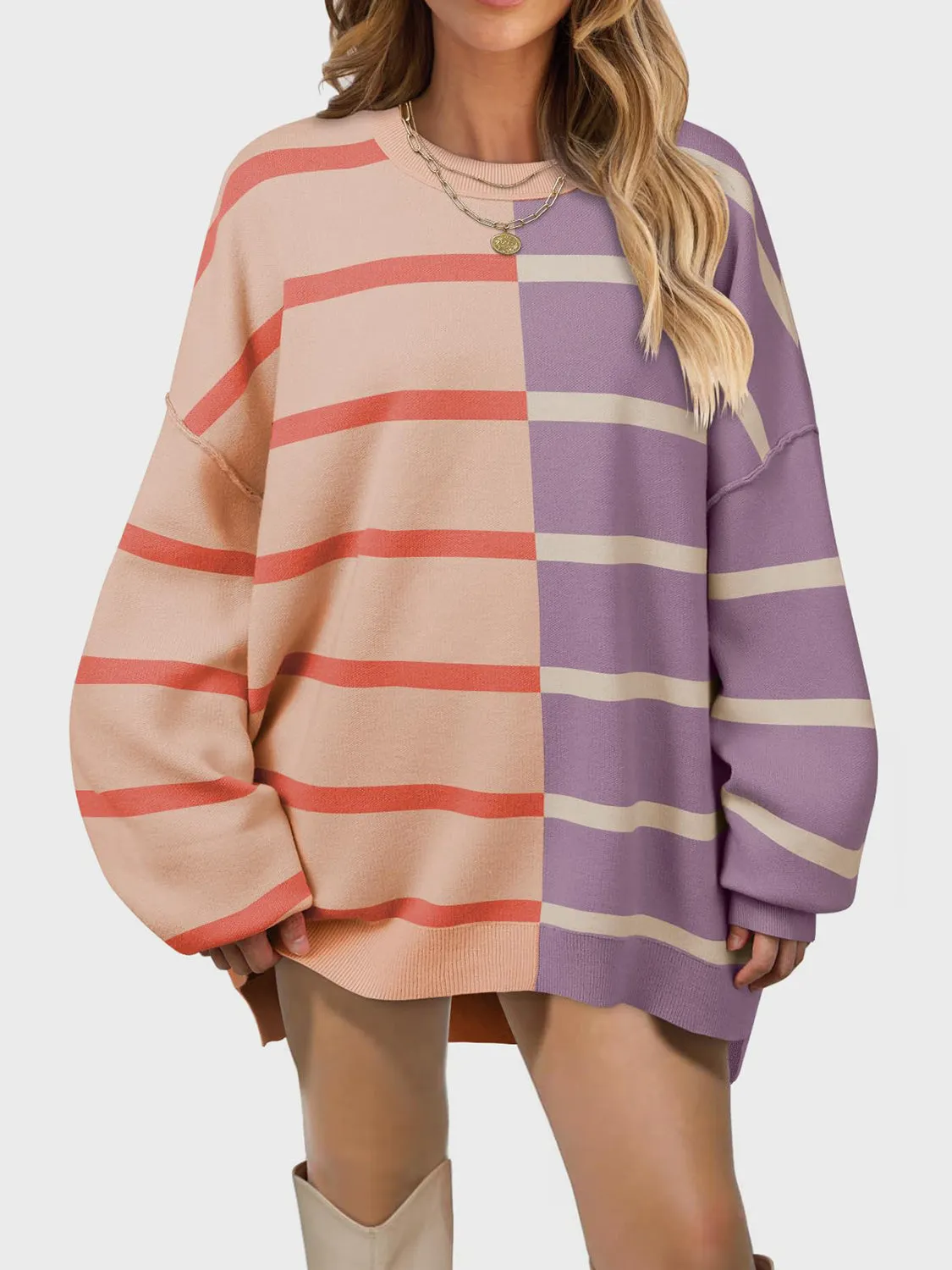 Lennon Striped Round Neck Long Sleeve Sweater