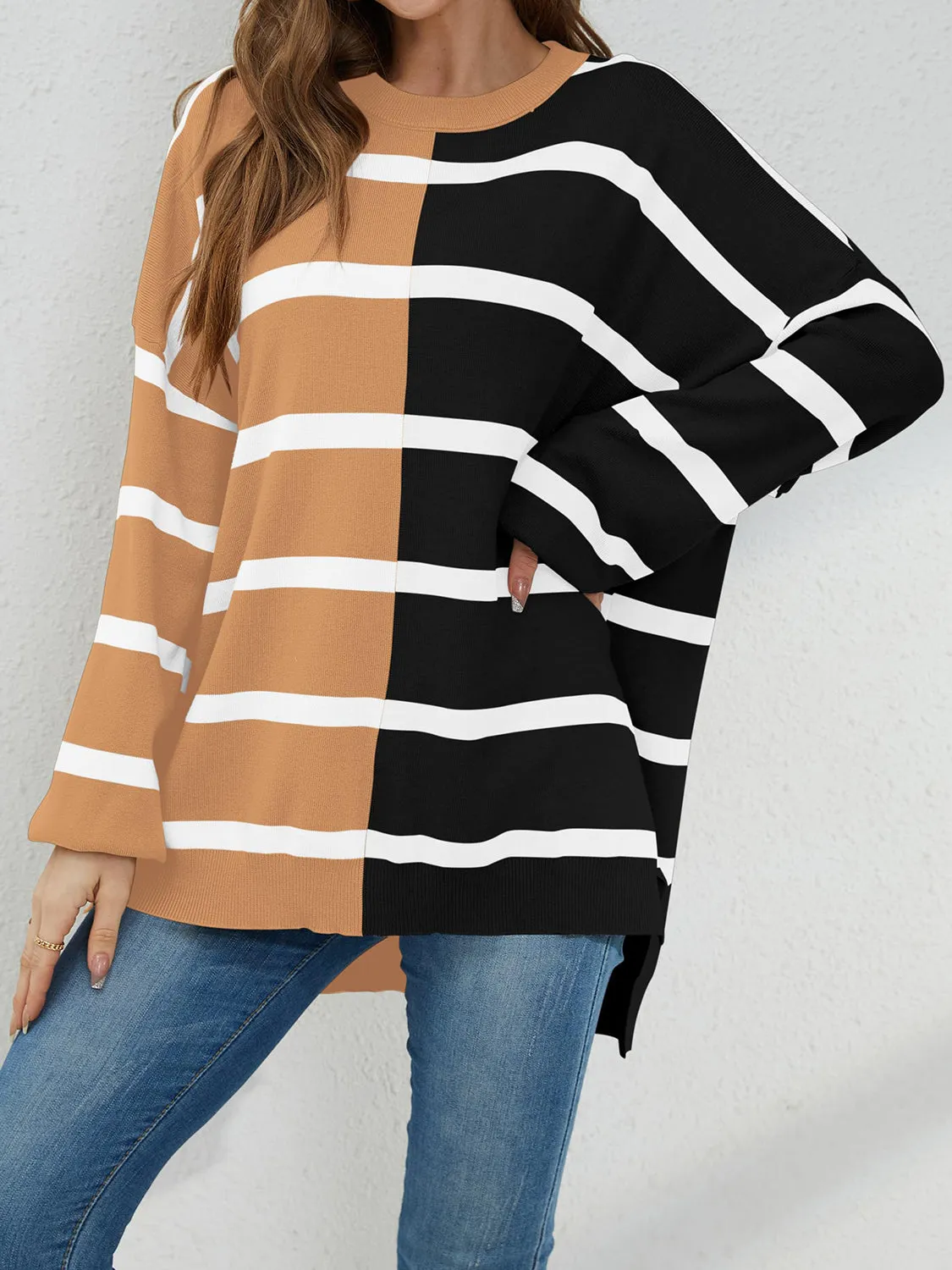 Lennon Striped Round Neck Long Sleeve Sweater