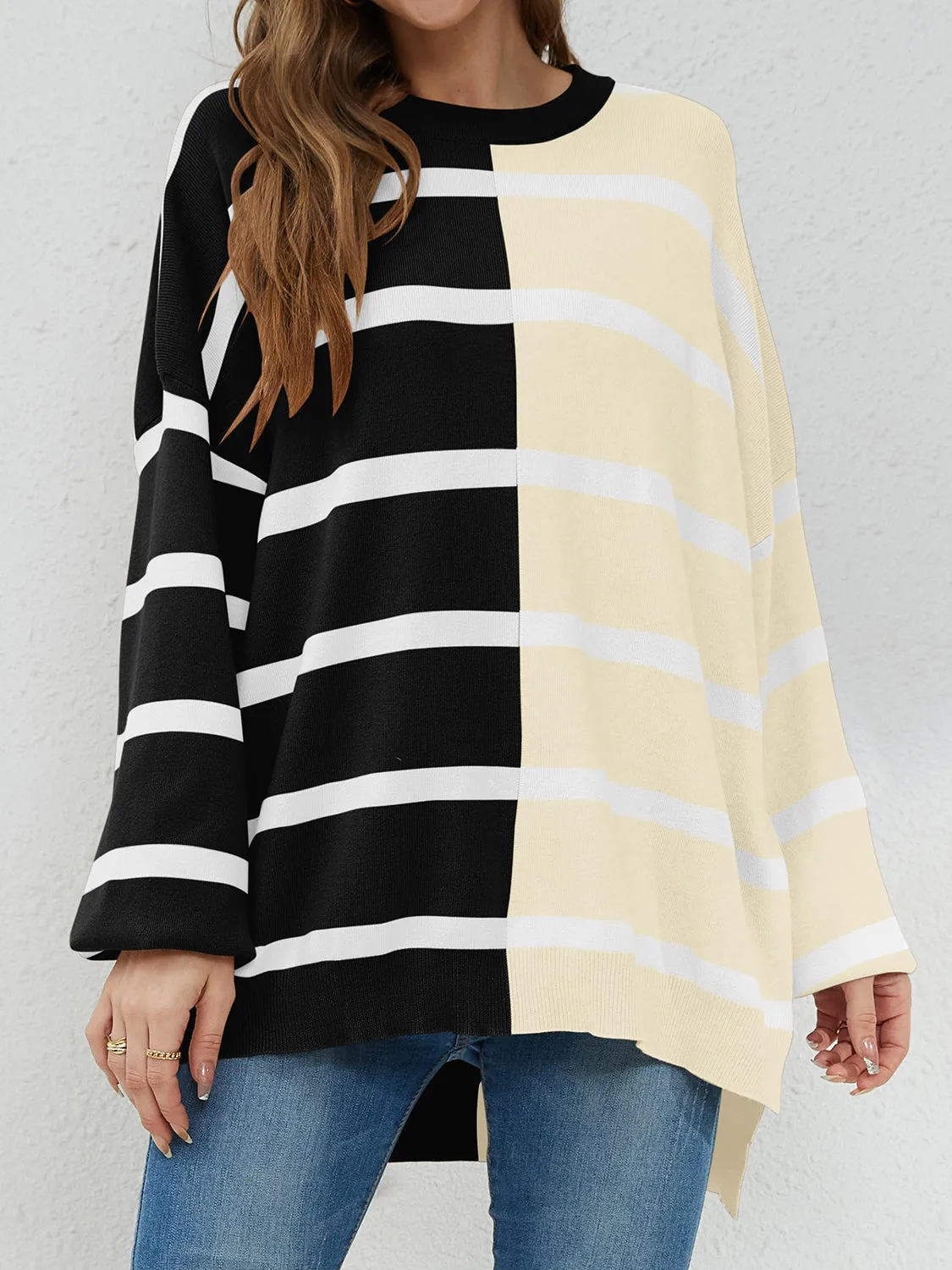 Lennon Striped Round Neck Long Sleeve Sweater