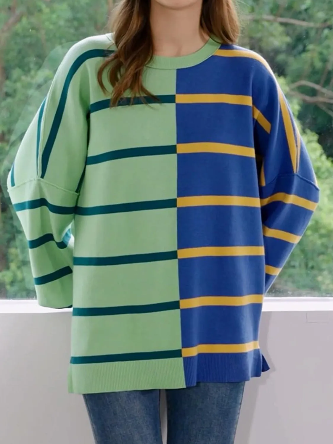 Lennon Striped Round Neck Long Sleeve Sweater