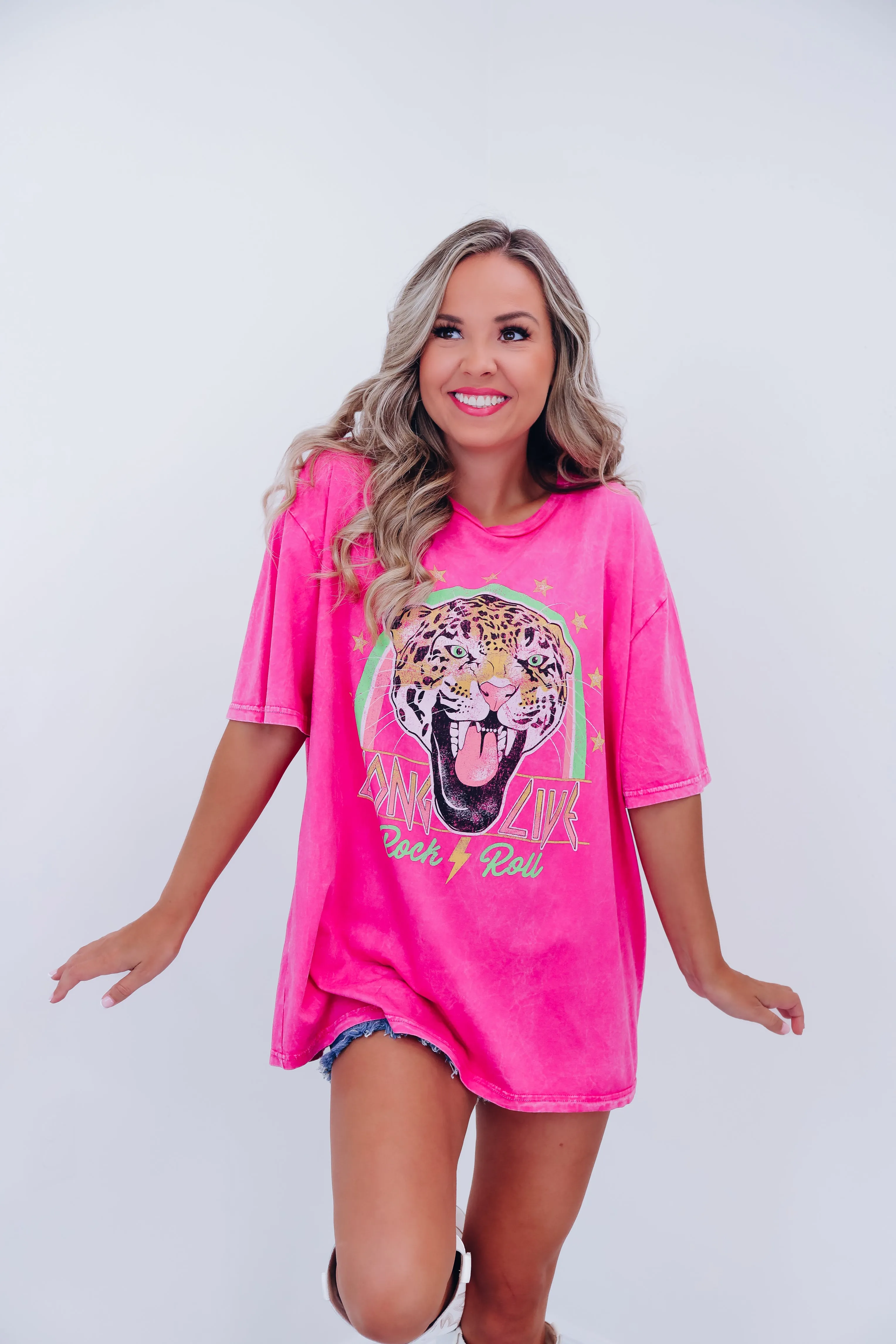 Leopard Long Live Rock.... Graphic Tee - Pink