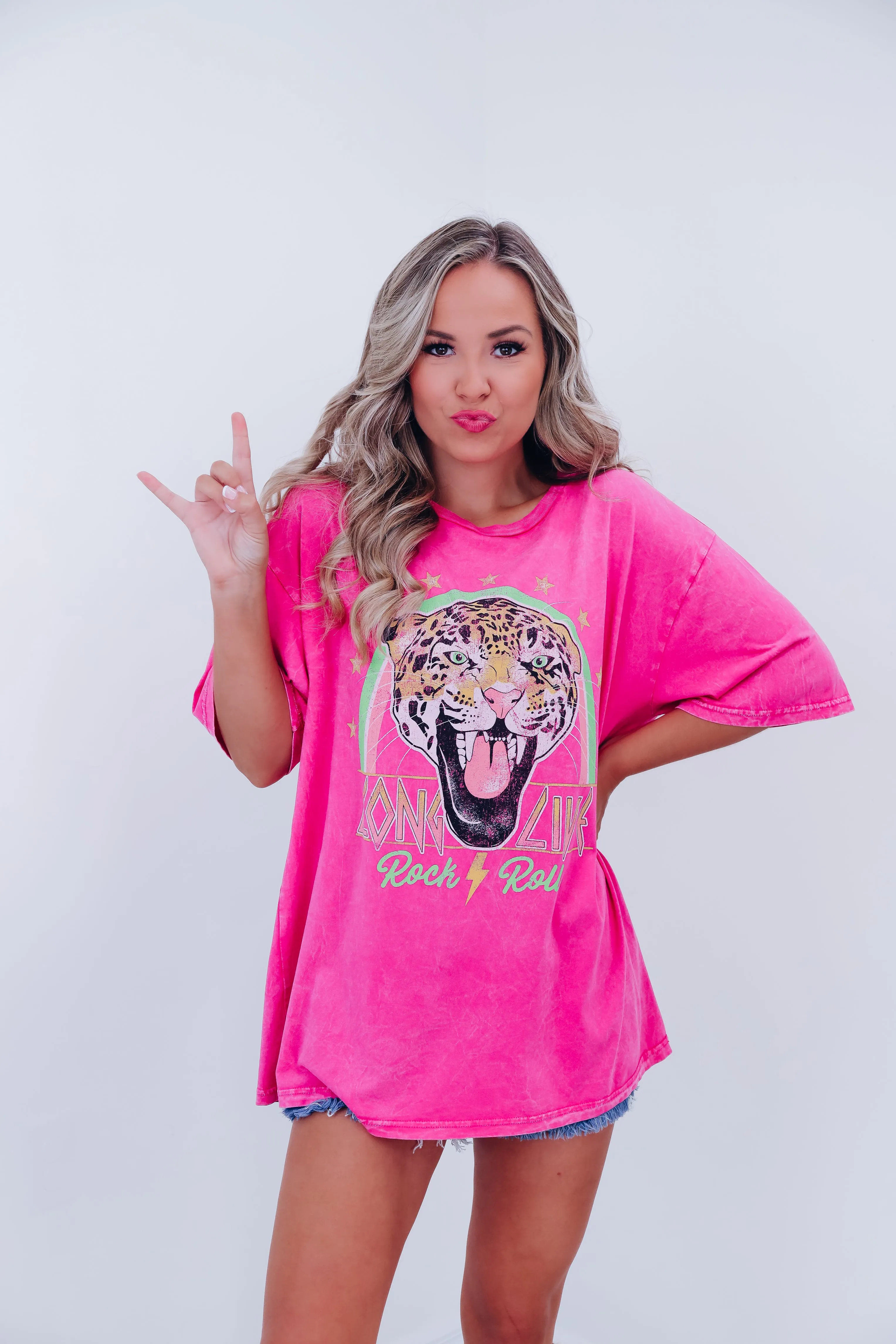 Leopard Long Live Rock.... Graphic Tee - Pink