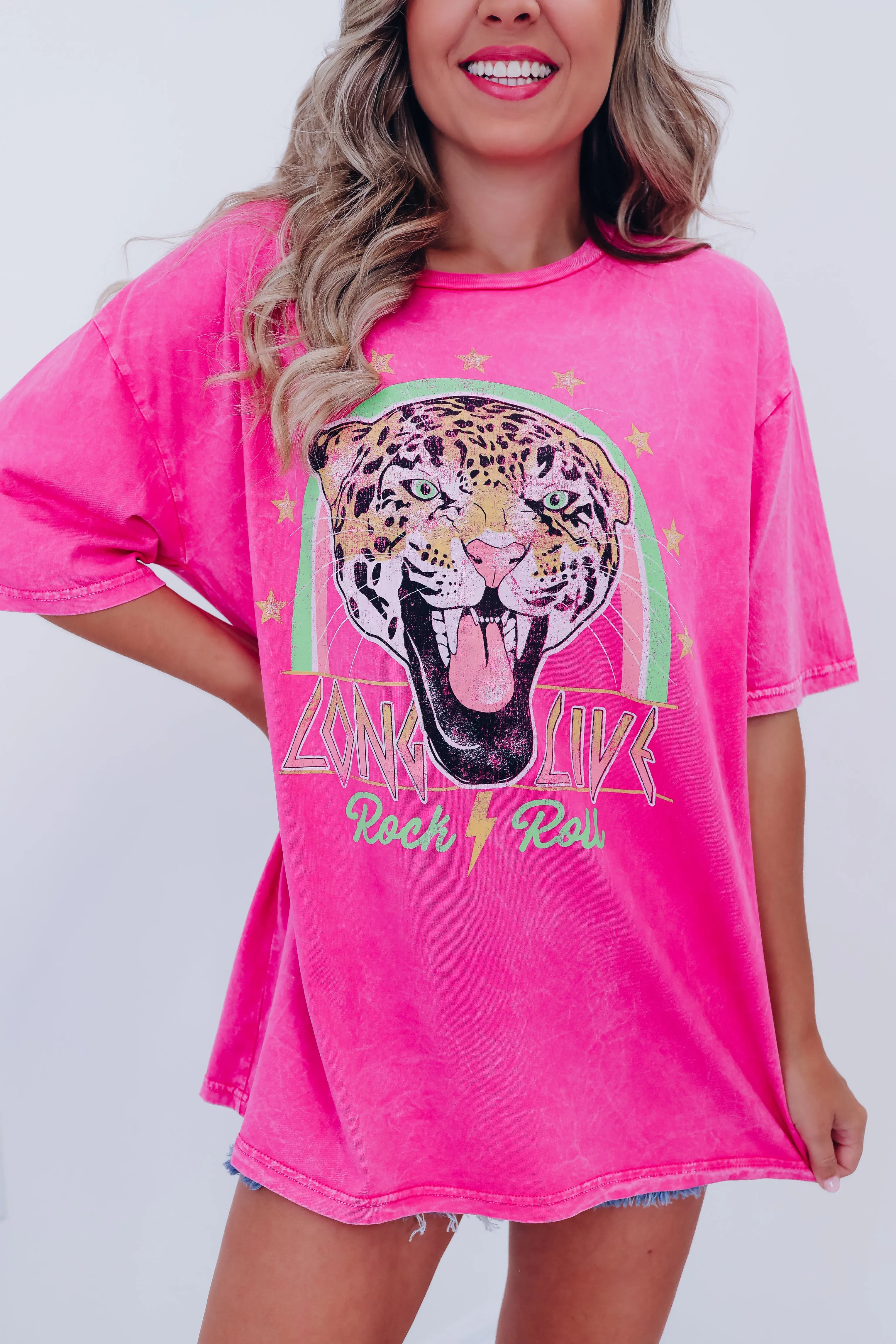 Leopard Long Live Rock.... Graphic Tee - Pink