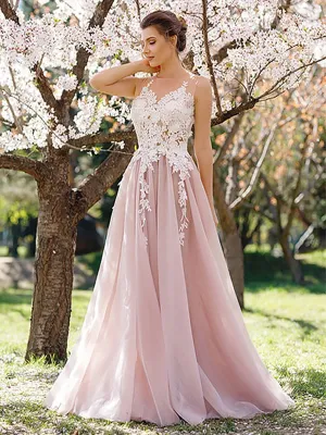Light pink lace applique tulle long prom dress,  Pink lace applique formal evening dress