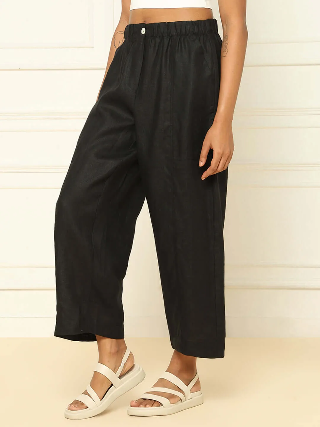 Linen Barrel Pants Black