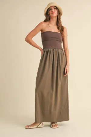 Linen Ribbed Combo Maxi Dress - Mocha