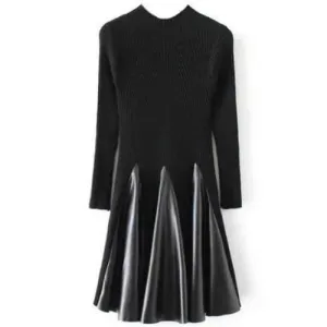 Long Sleeve Ribbed Skater Sweater Dress - Black One Size