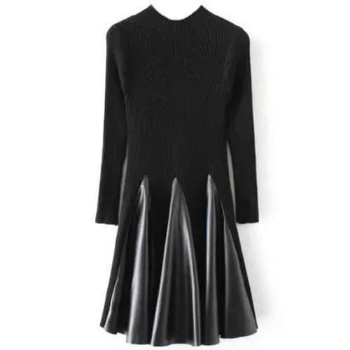 Long Sleeve Ribbed Skater Sweater Dress - Black One Size