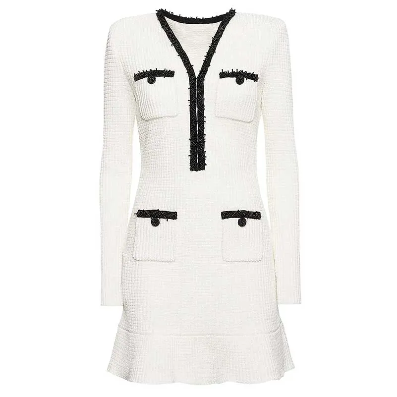 Long Sleeves Beaded V-Neck Tailored Mini Dresses