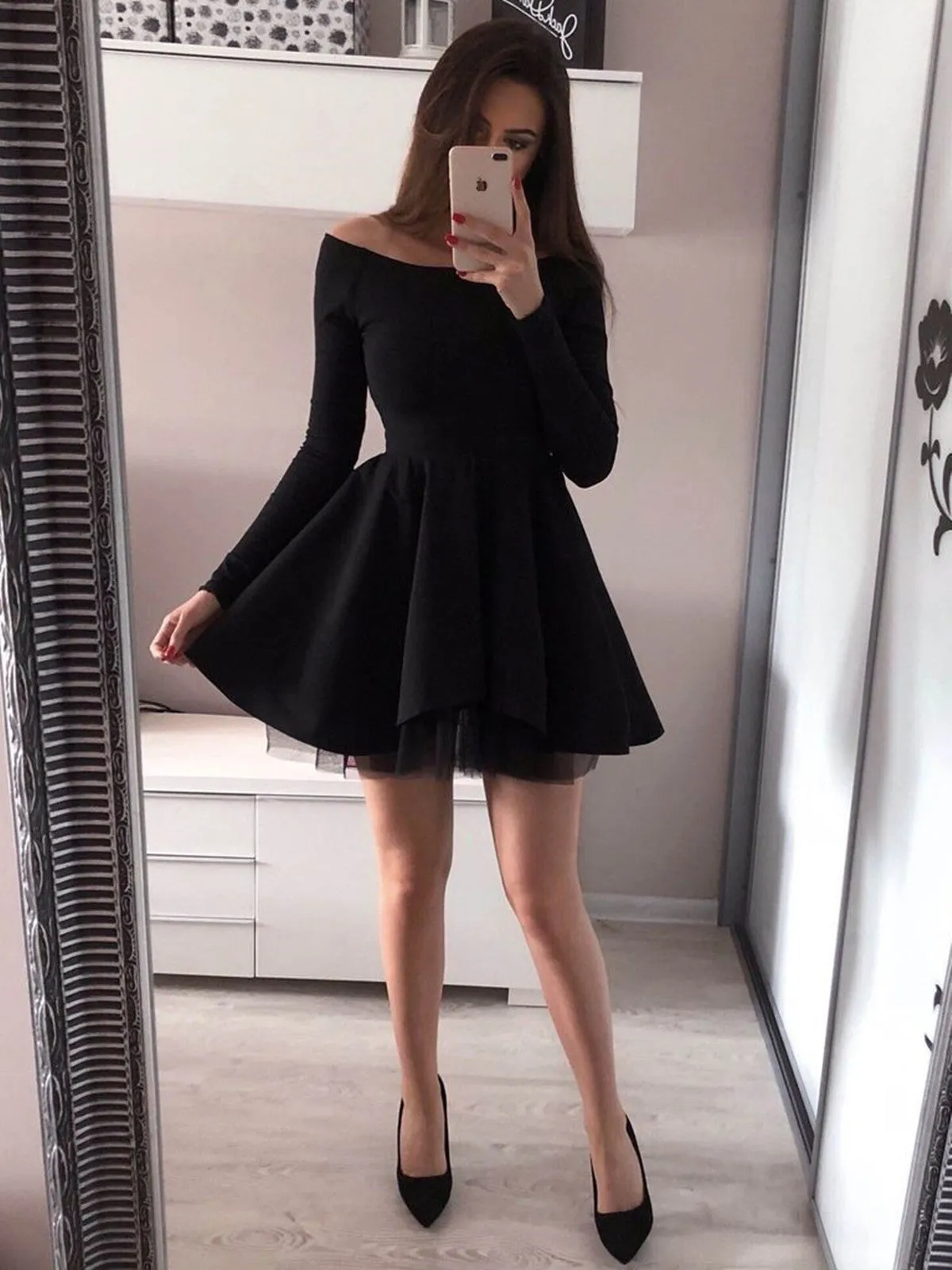 Long Sleeves Black Short Homecoming Dresses, Mini Black Short Prom Dresses