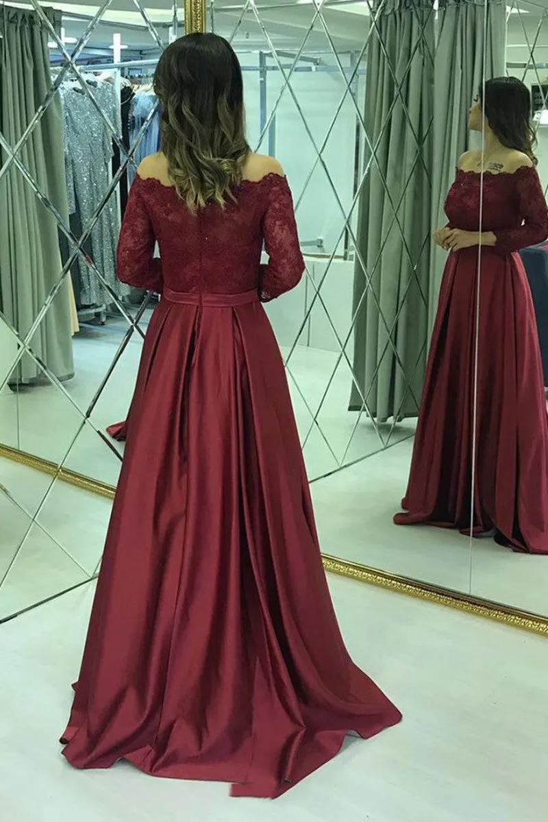 Long Sleeves Lace Burgundy Long Prom Dresses, Burgundy Lace Formal Dresses, Long Sleeves Burgundy Evening Dresses