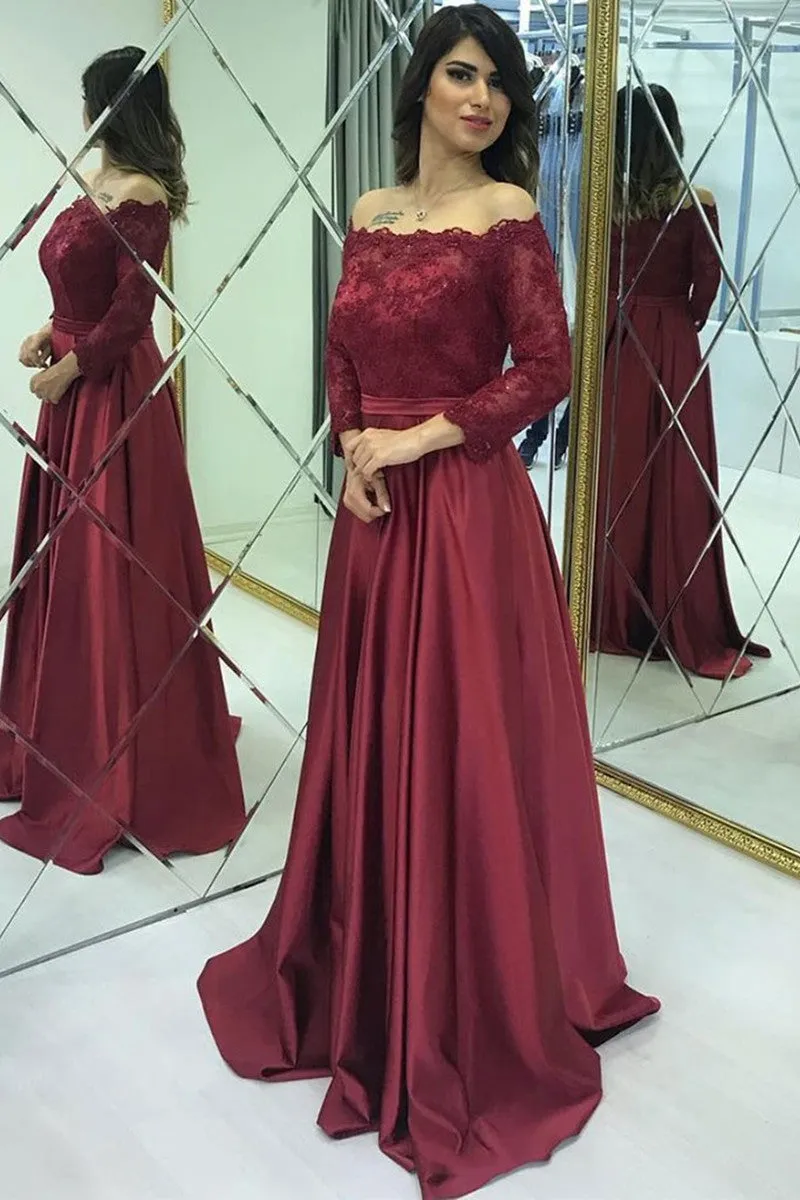 Long Sleeves Lace Burgundy Long Prom Dresses, Burgundy Lace Formal Dresses, Long Sleeves Burgundy Evening Dresses