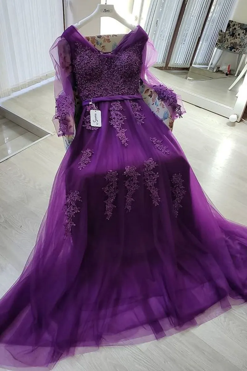 Long Sleeves Purple Lace Long Prom Dress, Purple Lace Formal Graduation Evening Dress
