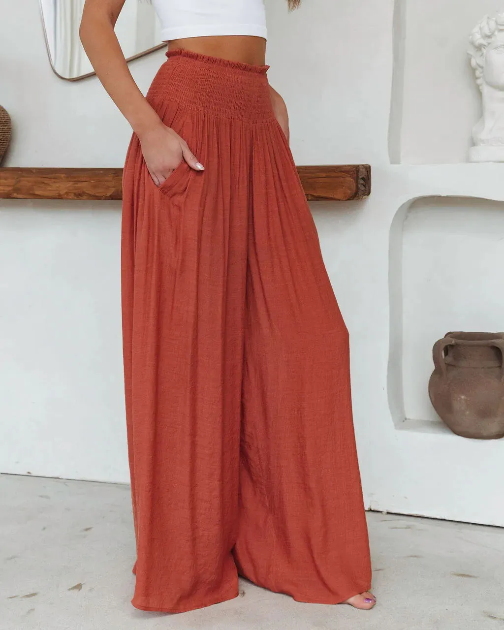 Loose Cotton Wide-Leg Pants with Elastic Waistband and Pockets