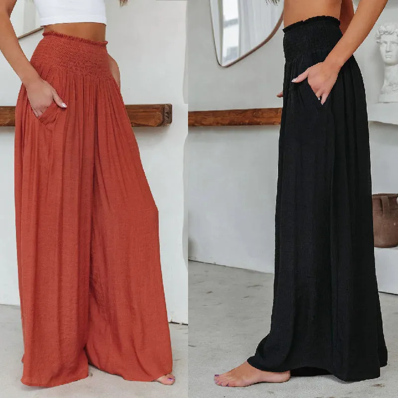 Loose Cotton Wide-Leg Pants with Elastic Waistband and Pockets