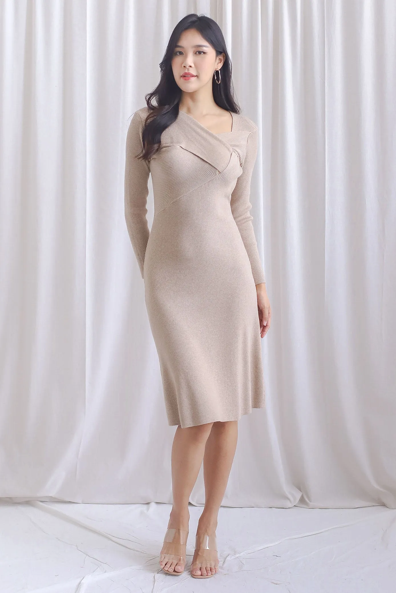 Loreen Asymm Origami Knit Dress In Taupe