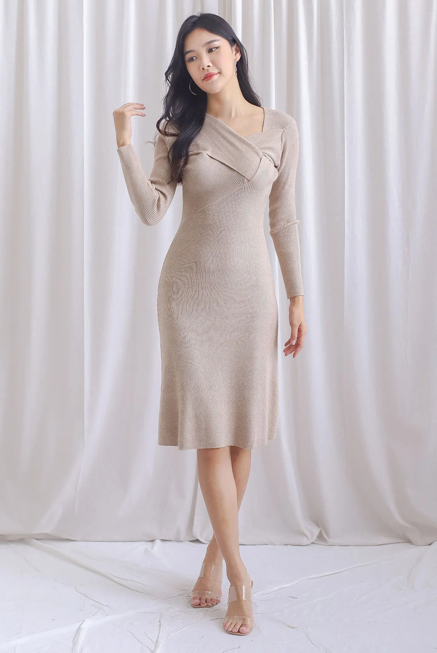 Loreen Asymm Origami Knit Dress In Taupe