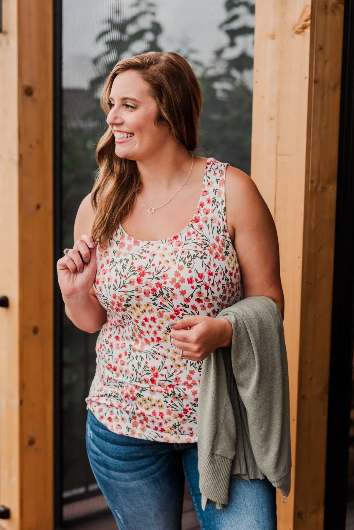 Love To Give Floral Tank Top- Ivory, Rust, & Forest Green