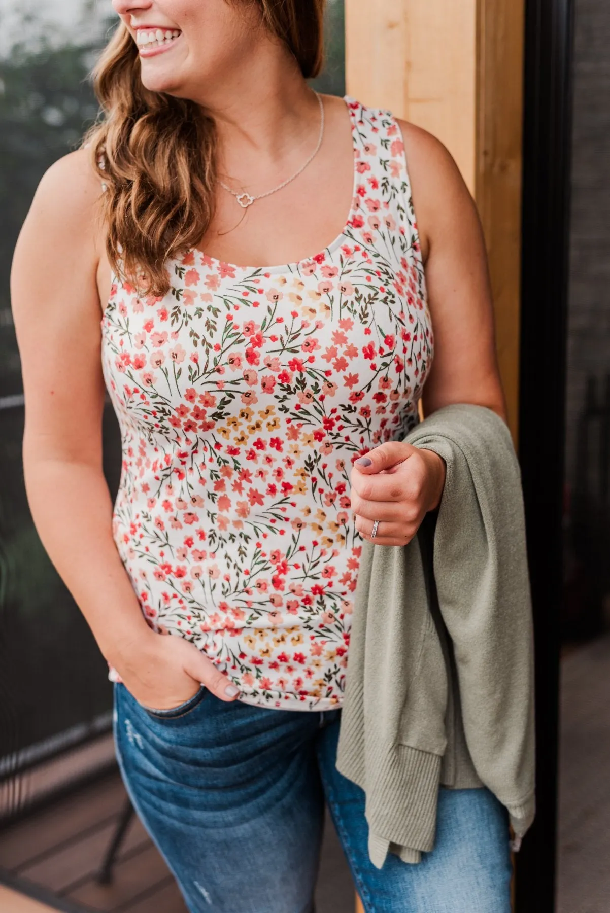Love To Give Floral Tank Top- Ivory, Rust, & Forest Green