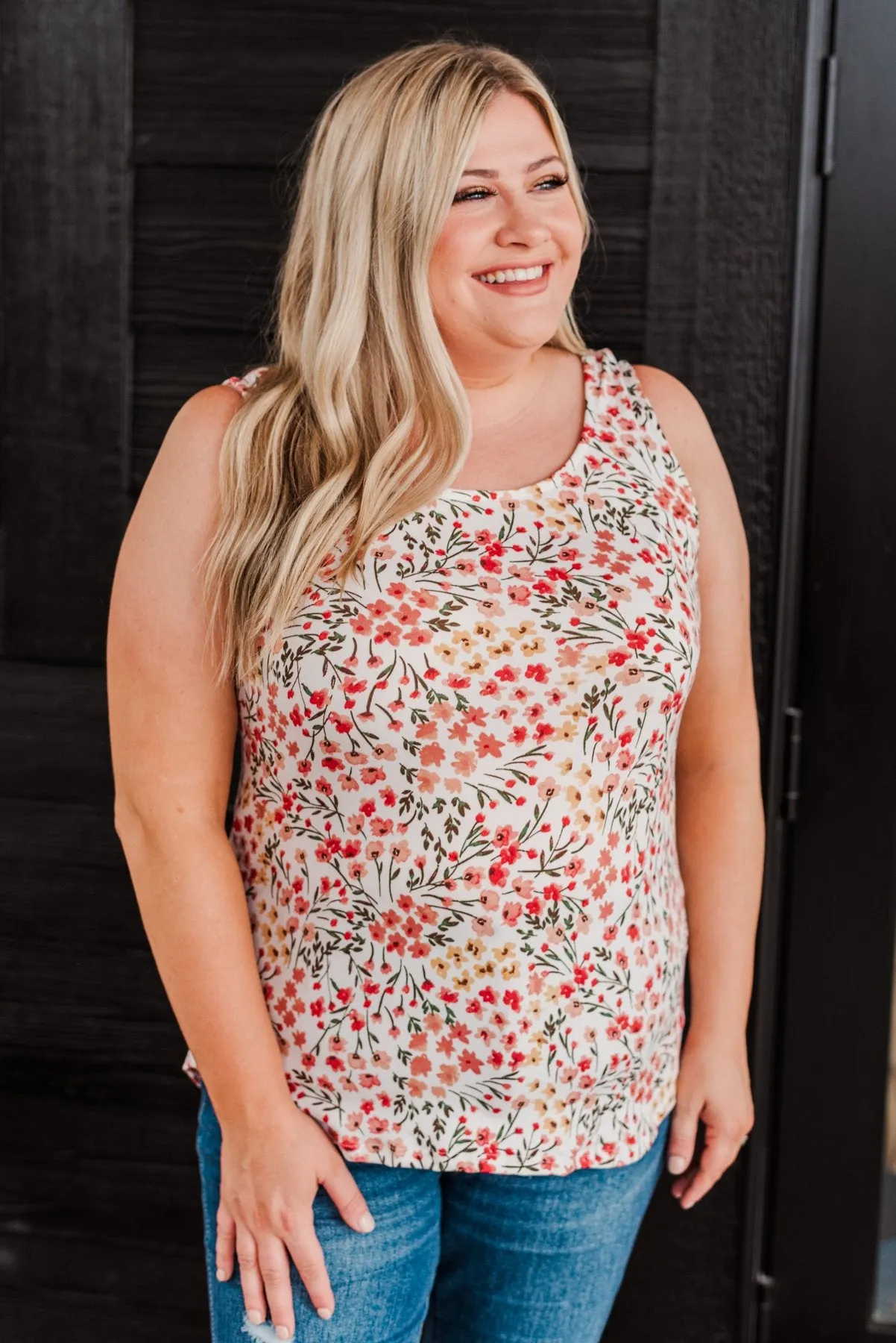 Love To Give Floral Tank Top- Ivory, Rust, & Forest Green