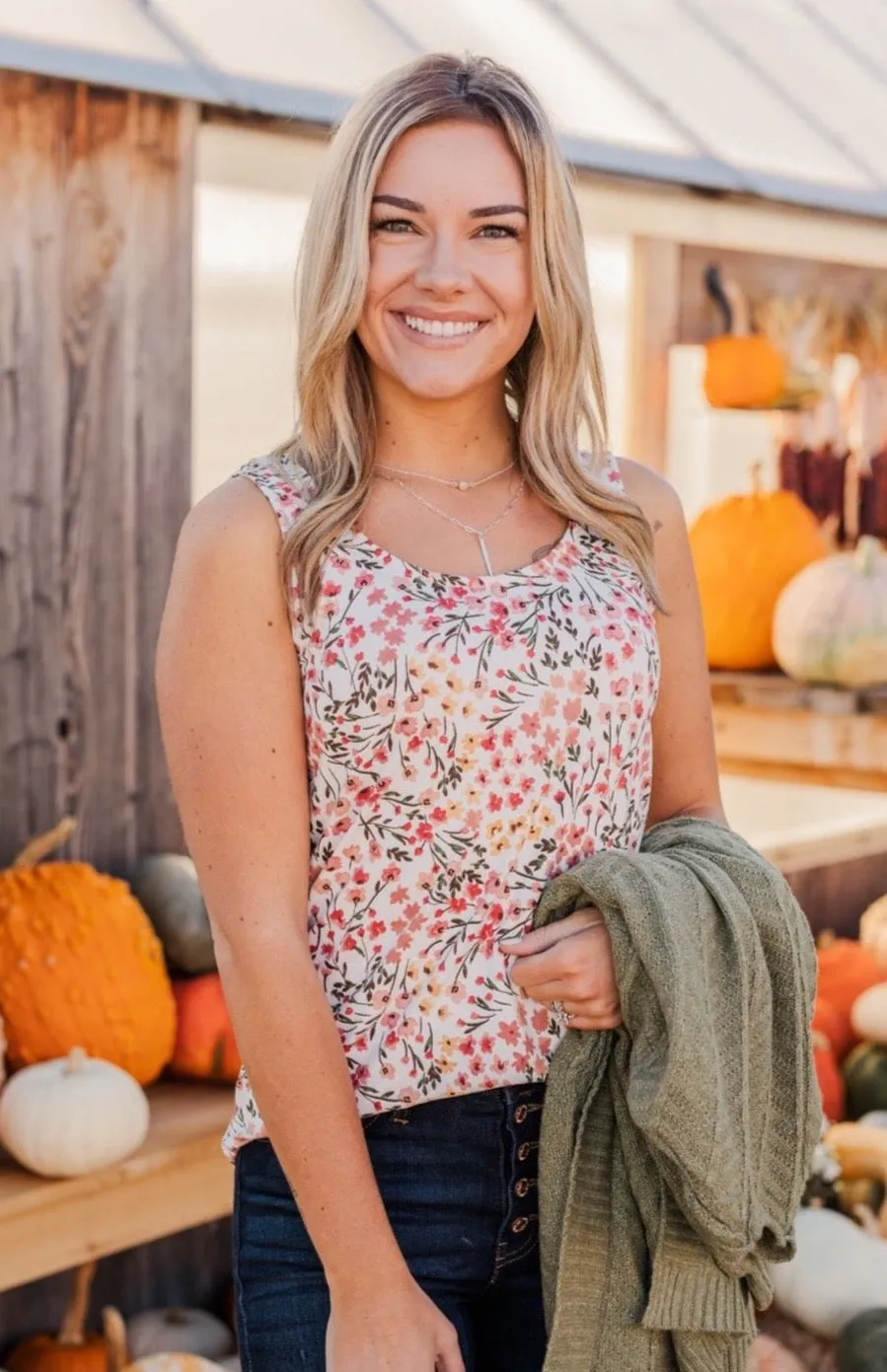 Love To Give Floral Tank Top- Ivory, Rust, & Forest Green