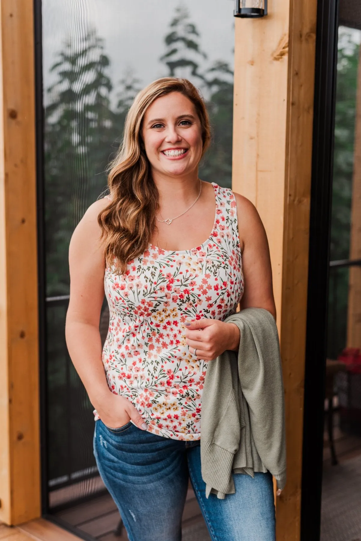 Love To Give Floral Tank Top- Ivory, Rust, & Forest Green