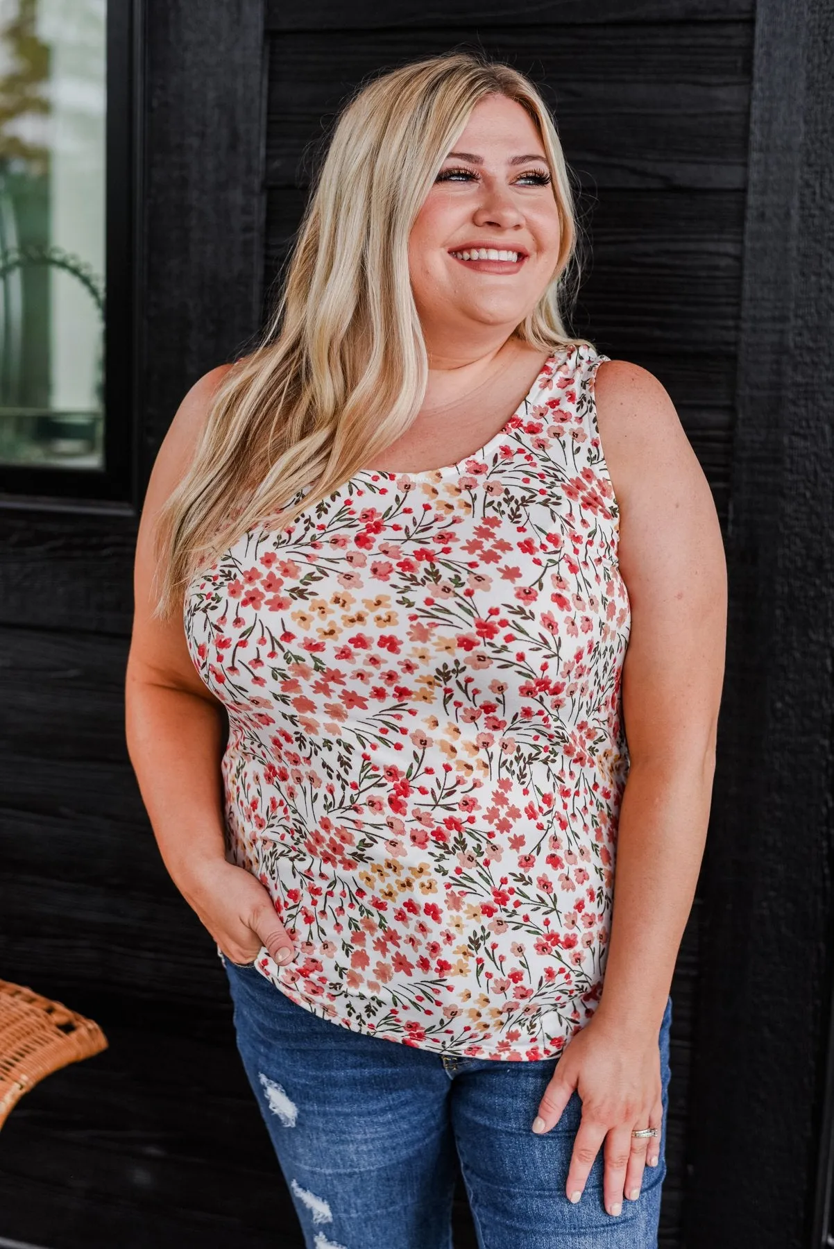 Love To Give Floral Tank Top- Ivory, Rust, & Forest Green